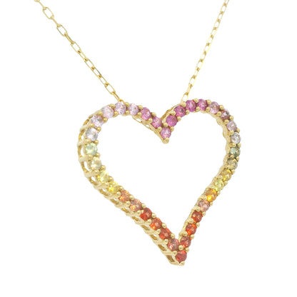 18k Yellow Gold Natural Multi-Color Sapphire Open Heart Pendant Necklace