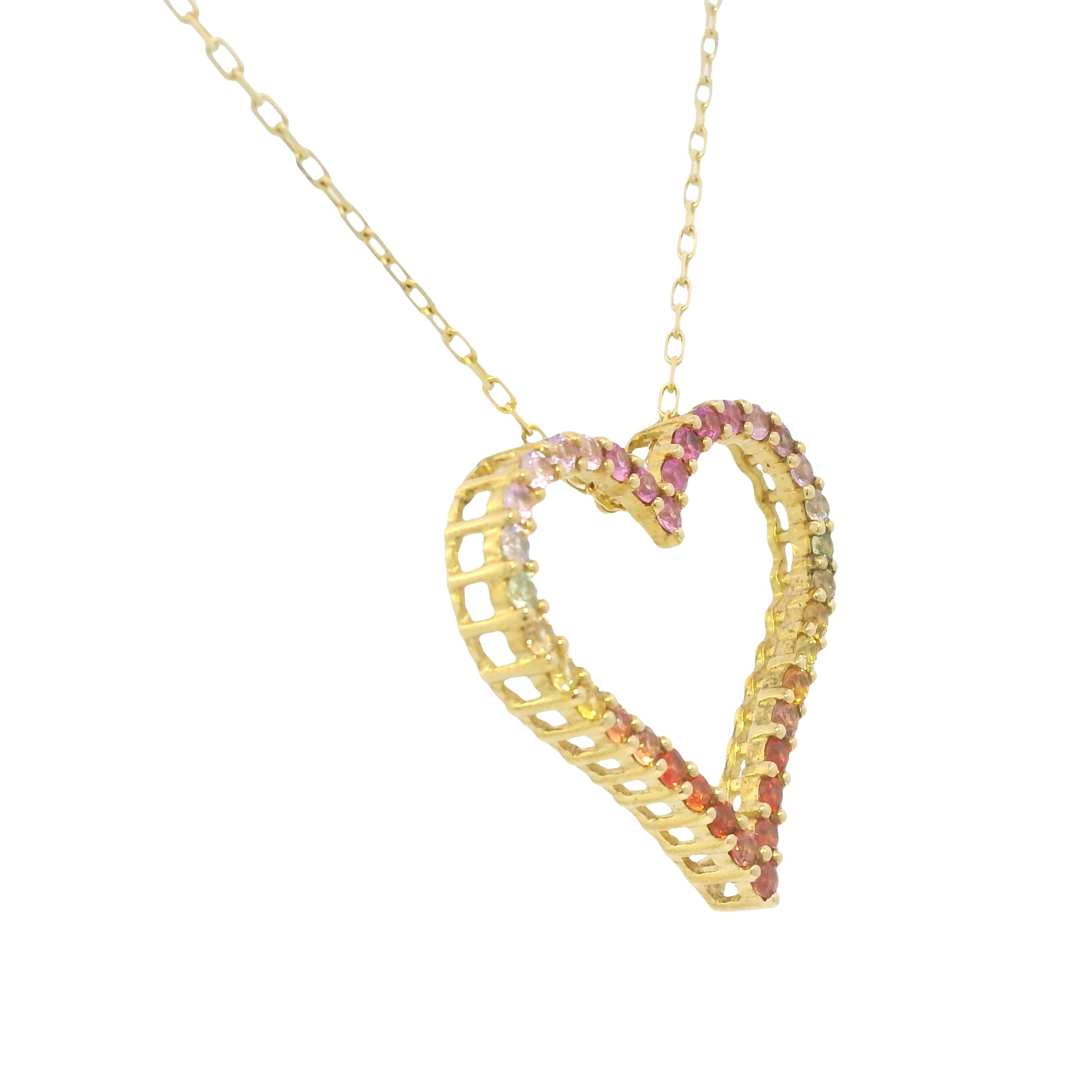 18k Yellow Gold Natural Multi-Color Sapphire Open Heart Pendant Necklace