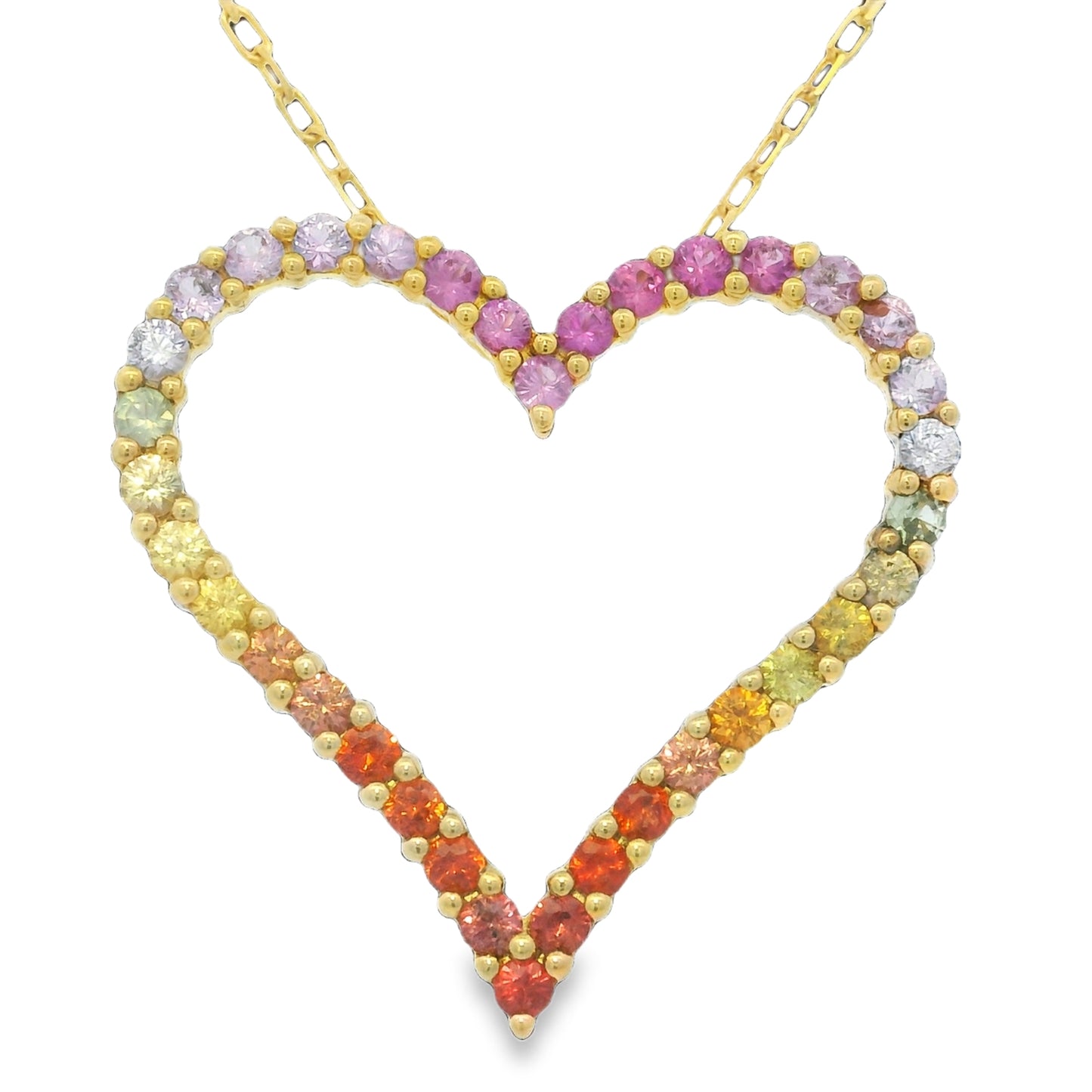 18k Yellow Gold Natural Multi-Color Sapphire Open Heart Pendant Necklace