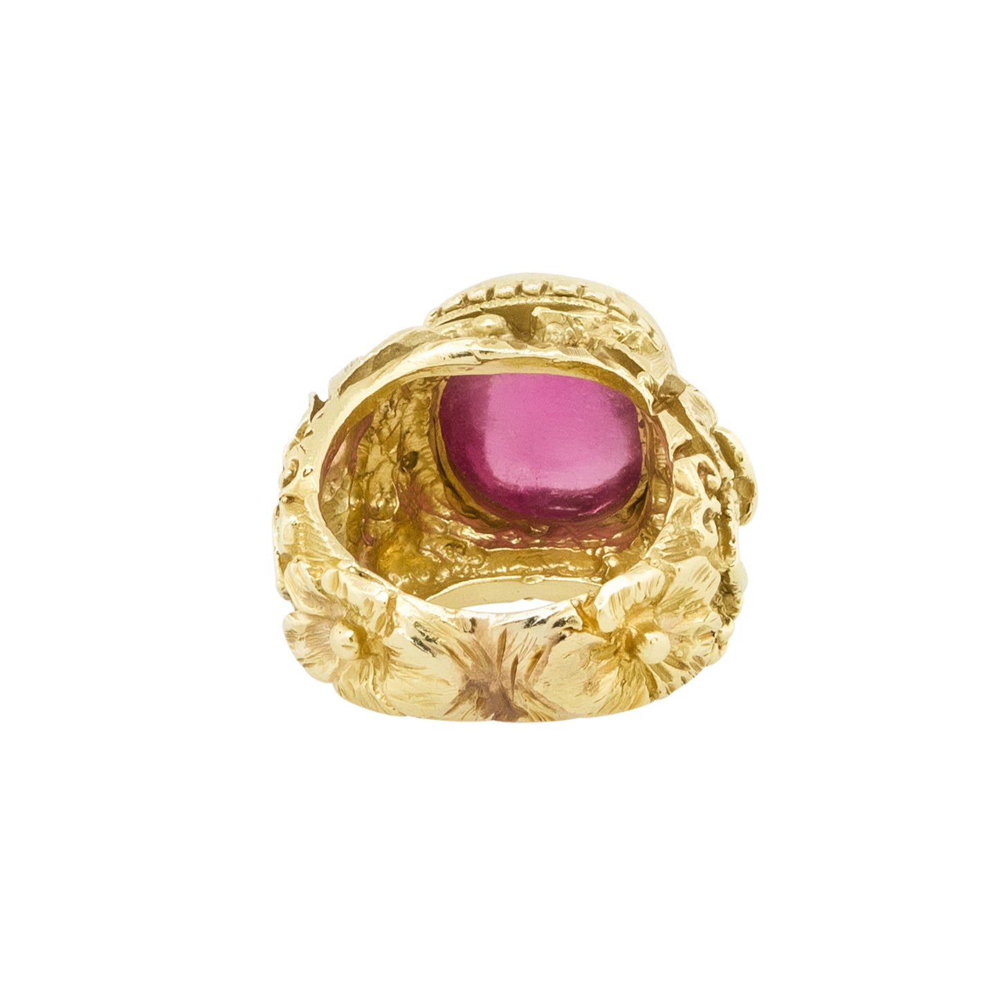 18k Yellow Gold Engraved Flower Pattern Ring With Oval Cut Tourmaline
