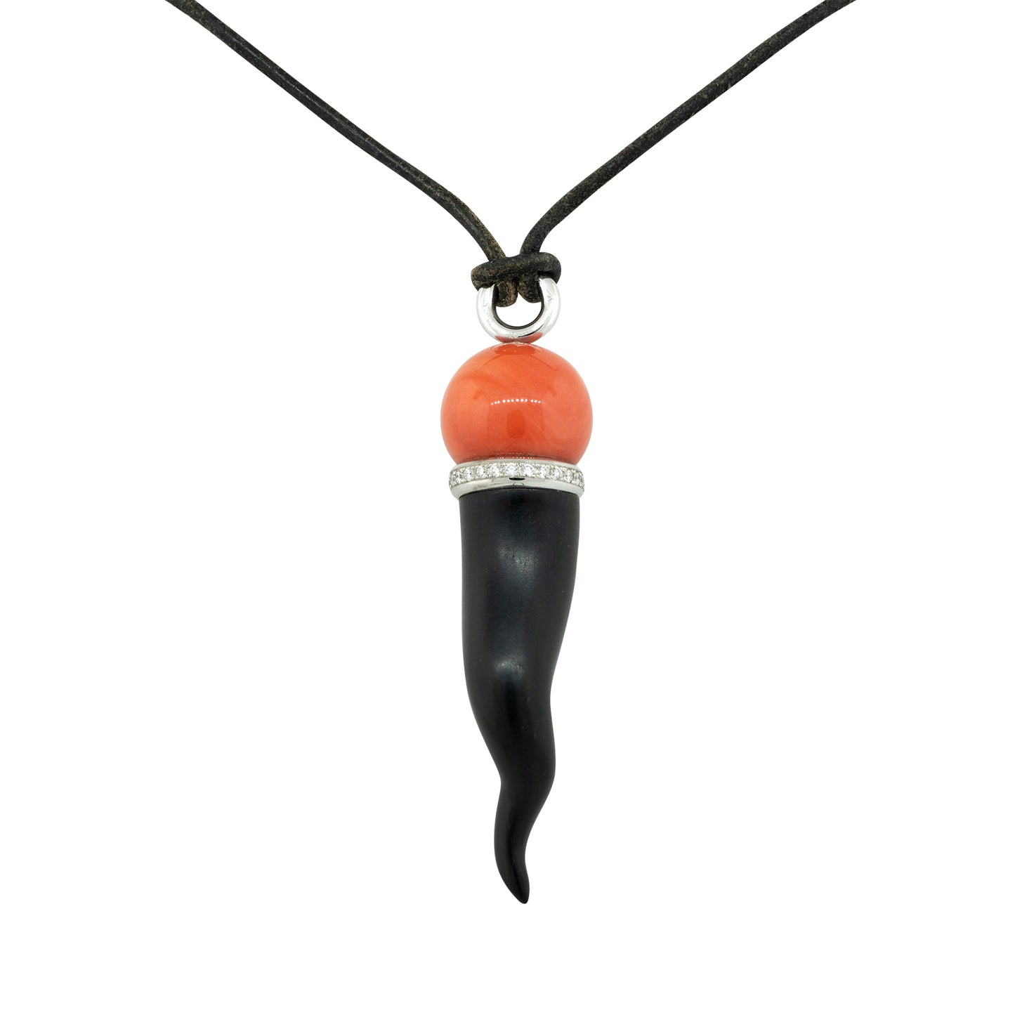 18k White Gold 0.36ctw Diamond, Coral, and Ebony Italian Horn Pendant Necklace