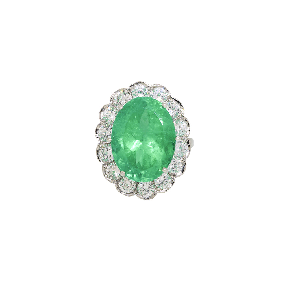 Platinum 13ct Oval Emerald with Diamond Halo Engagement Ring