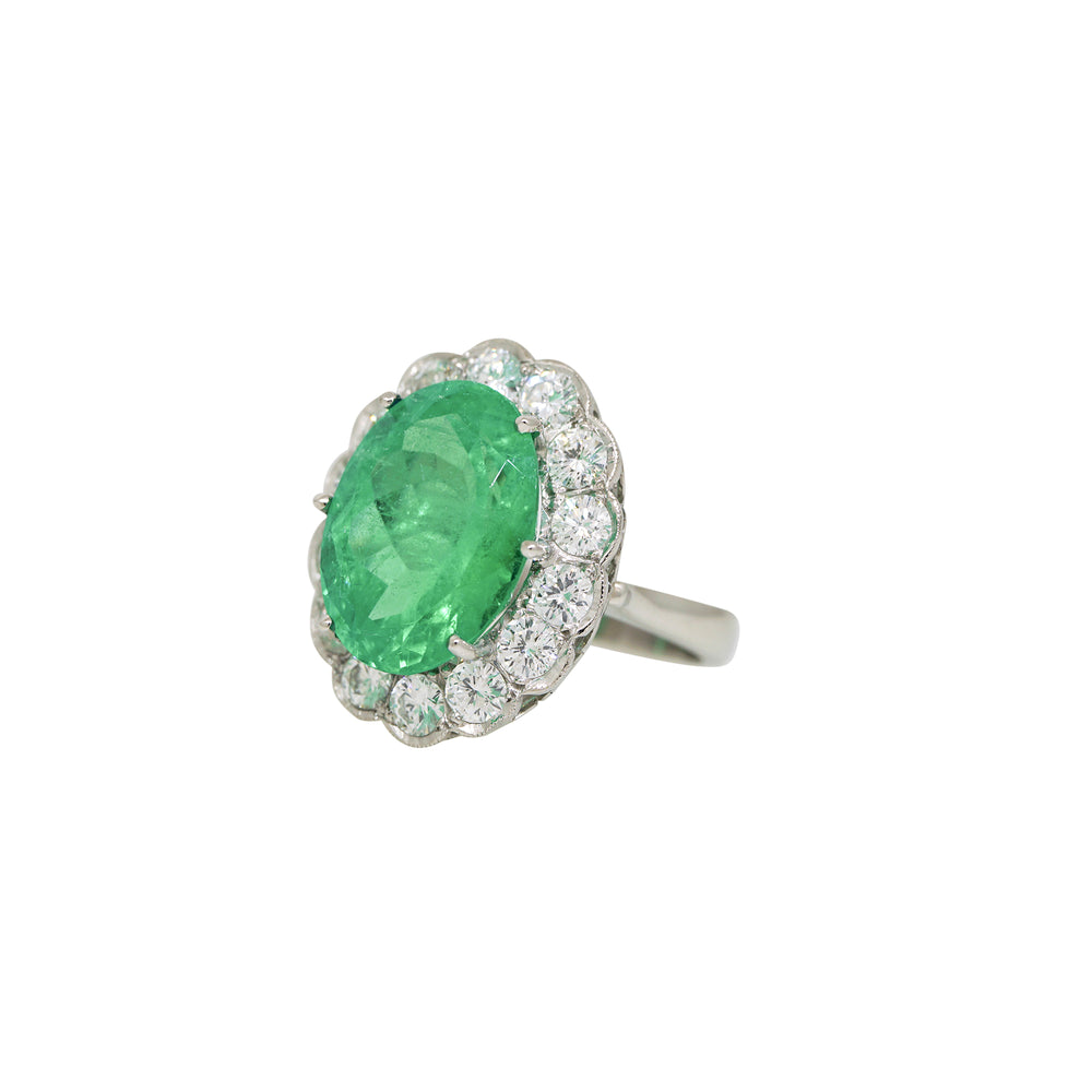 Platinum 13ct Oval Emerald with Diamond Halo Engagement Ring