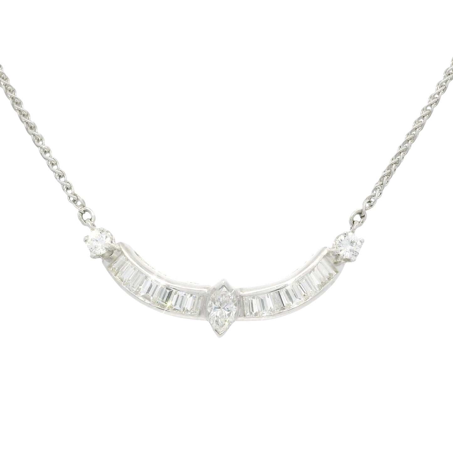 18k White Gold Natural Marquise Cut Diamond Curved Bar Necklace