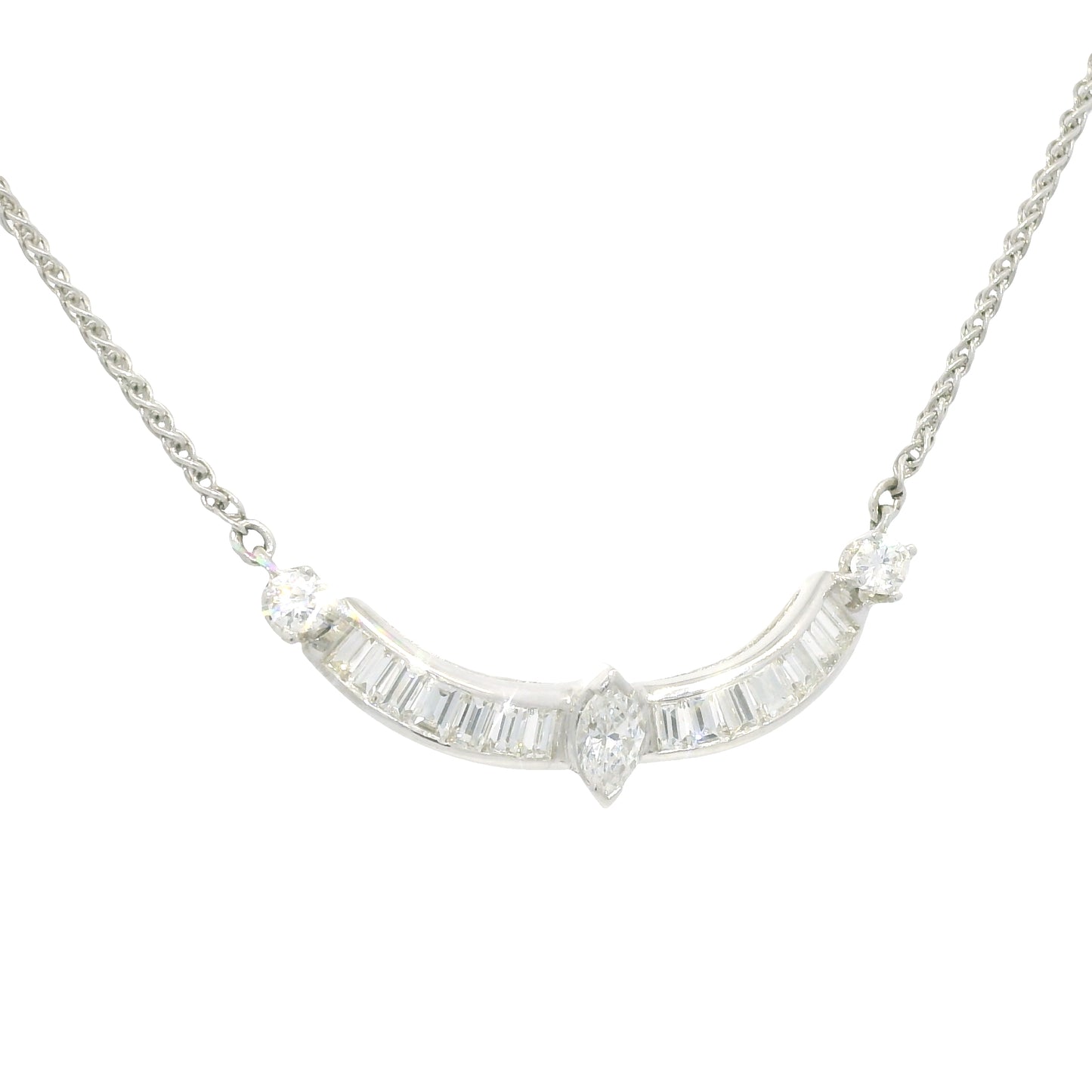 18k White Gold Natural Marquise Cut Diamond Curved Bar Necklace