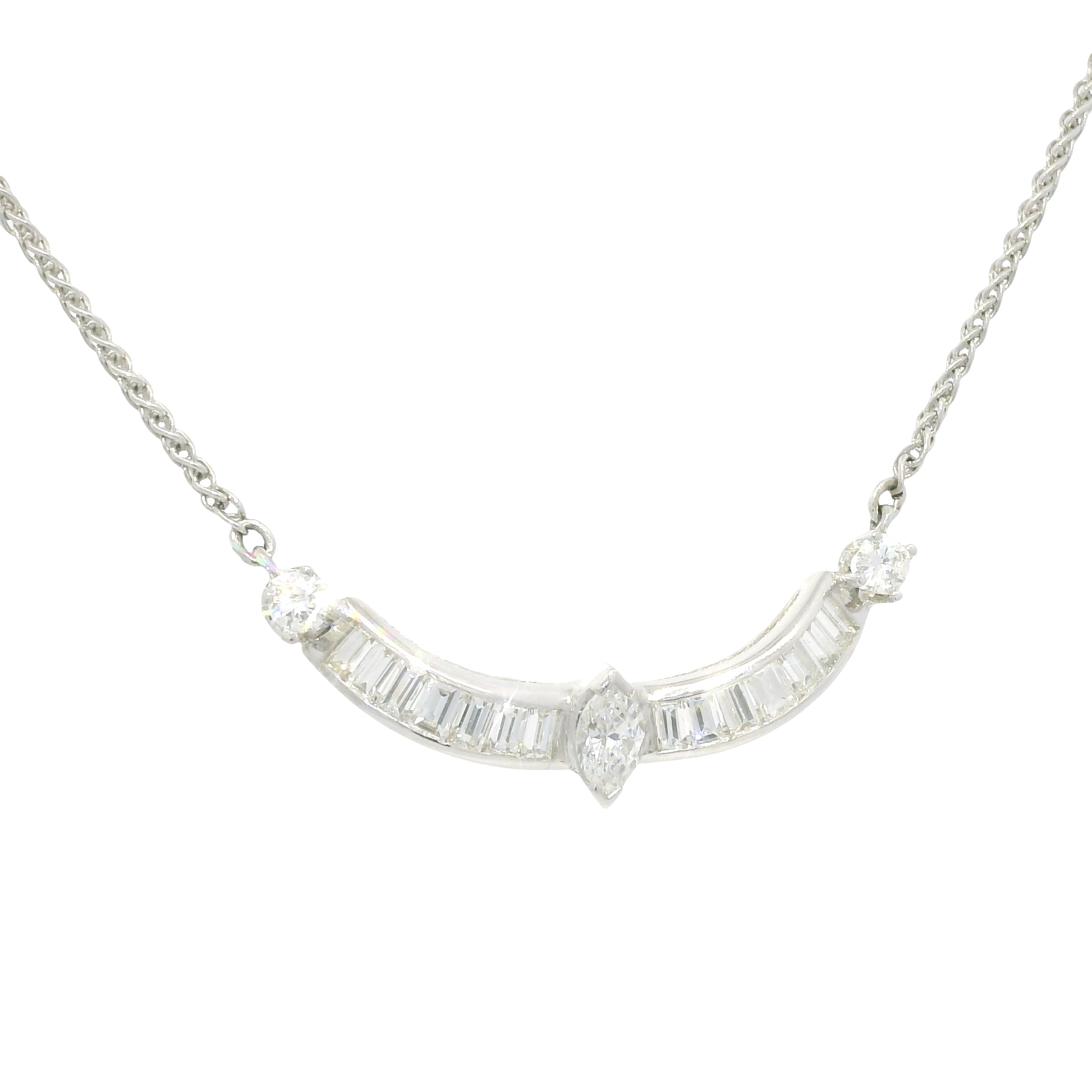 18k White Gold Natural Marquise Cut Diamond Curved Bar Necklace