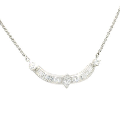 18k White Gold Natural Marquise Cut Diamond Curved Bar Necklace
