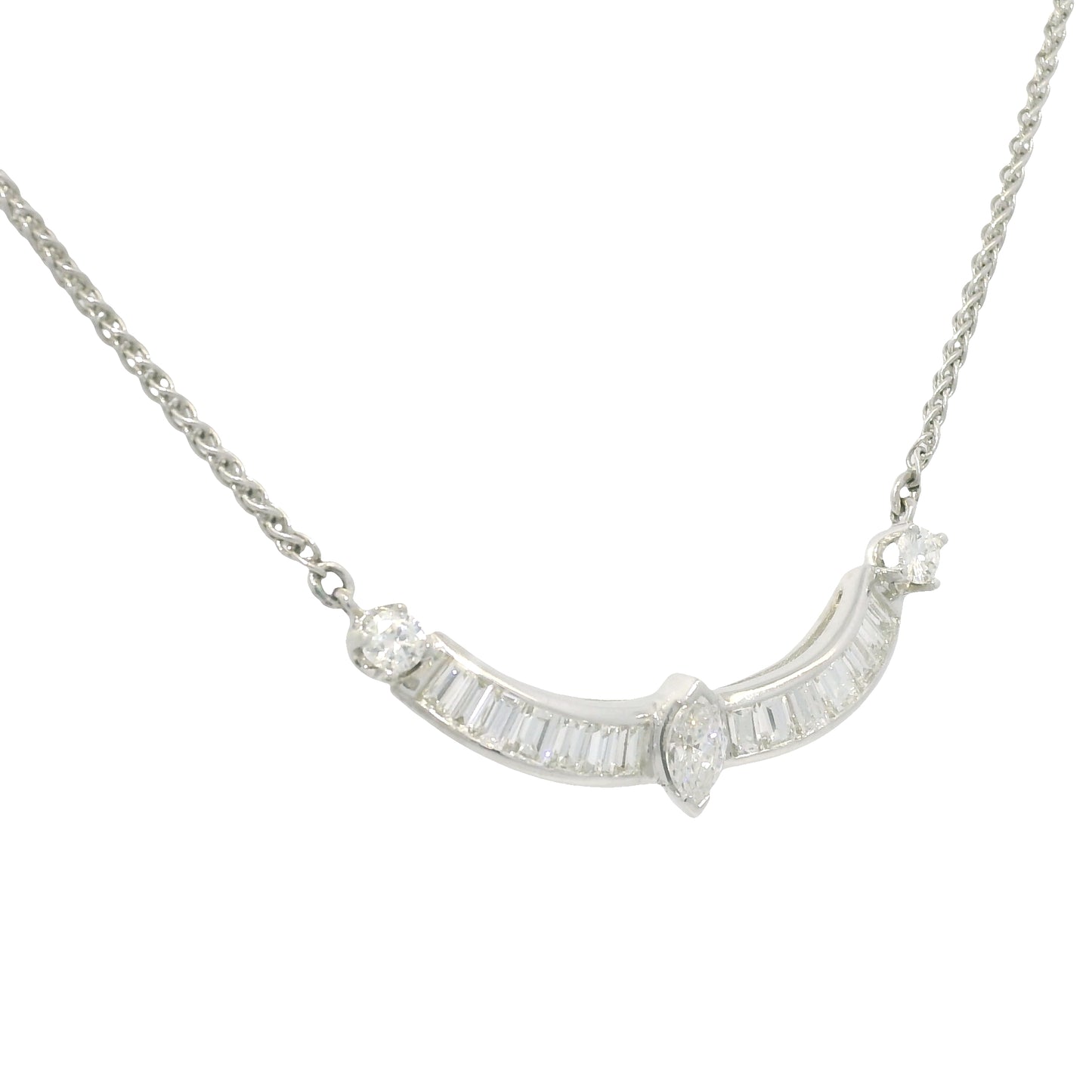 18k White Gold Natural Marquise Cut Diamond Curved Bar Necklace
