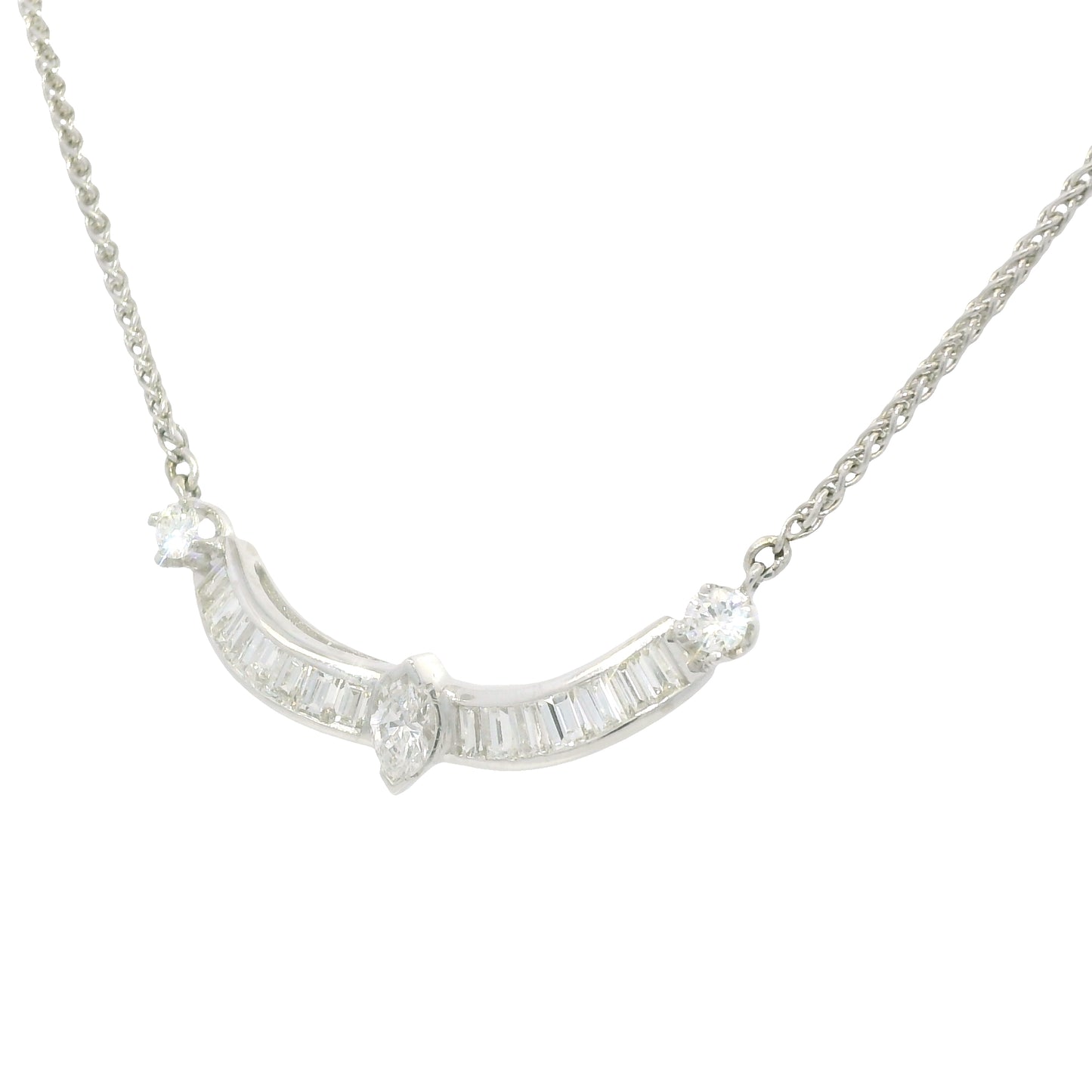 18k White Gold Natural Marquise Cut Diamond Curved Bar Necklace