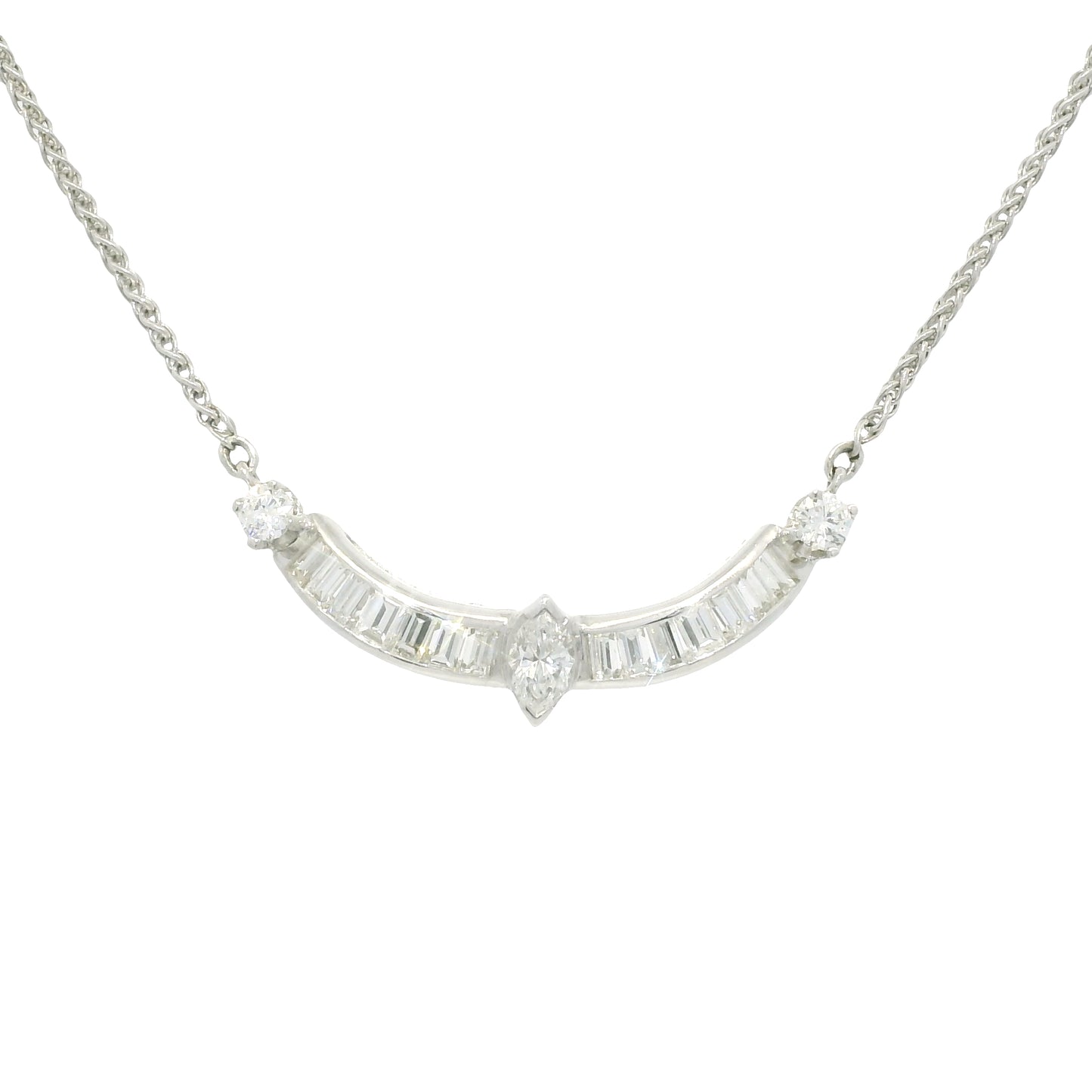 18k White Gold Natural Marquise Cut Diamond Curved Bar Necklace