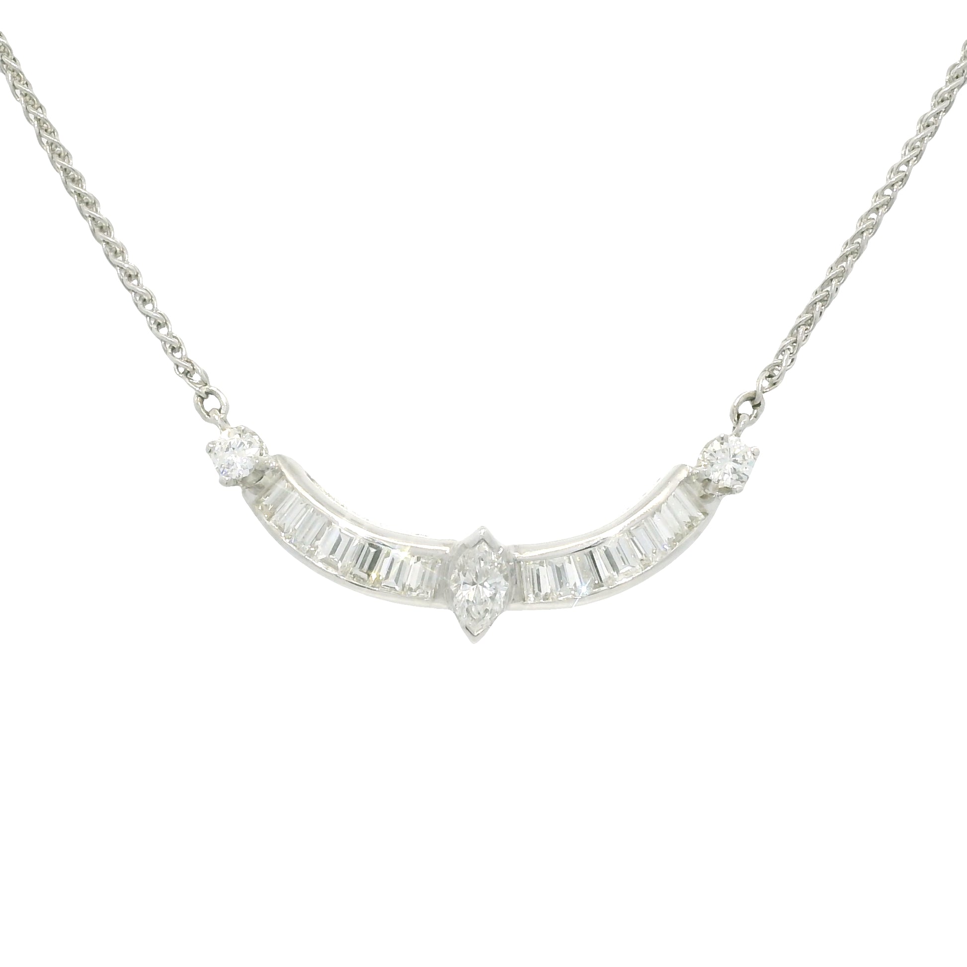 18k White Gold Natural Marquise Cut Diamond Curved Bar Necklace