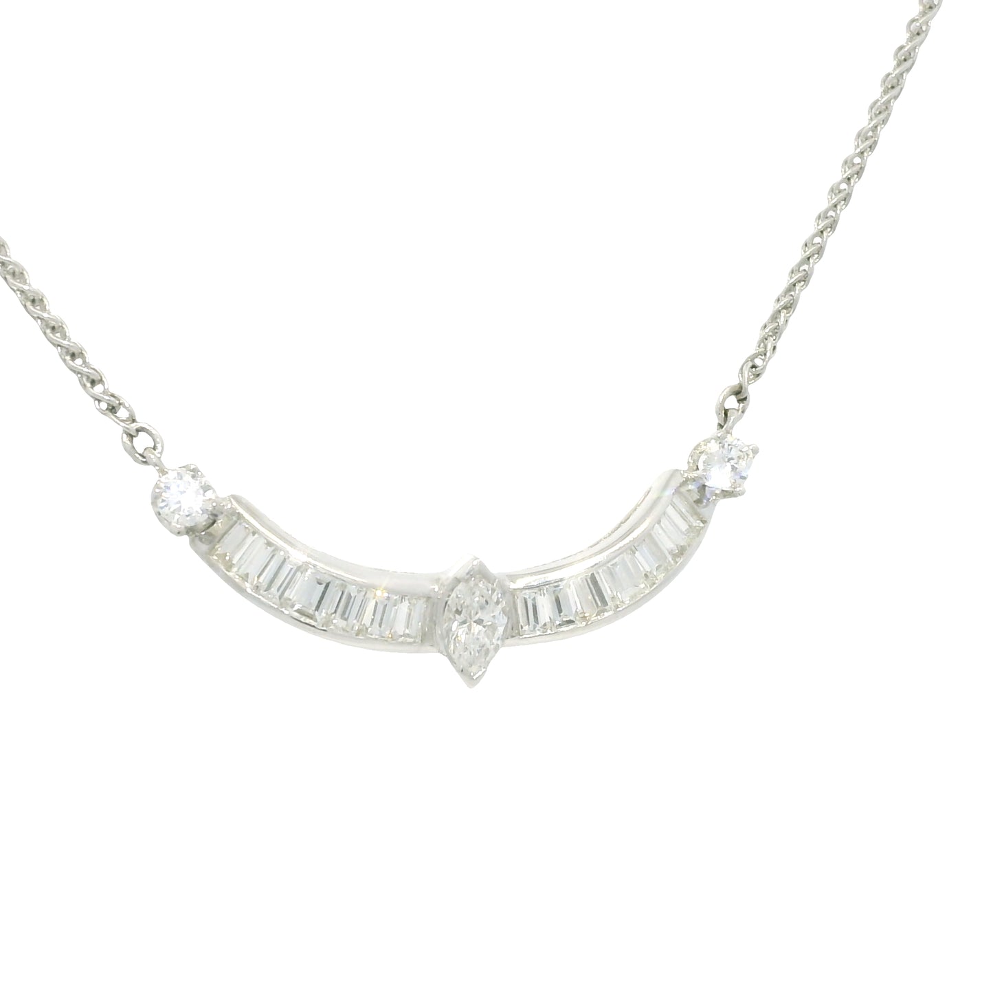 18k White Gold Natural Marquise Cut Diamond Curved Bar Necklace