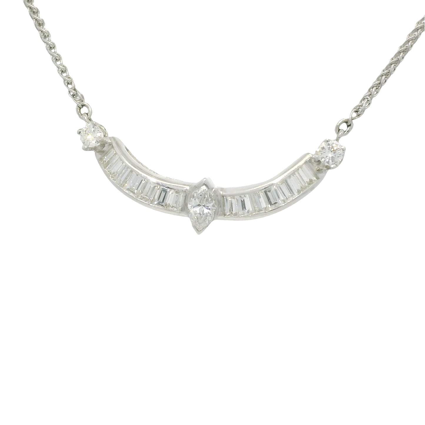 18k White Gold Natural Marquise Cut Diamond Curved Bar Necklace