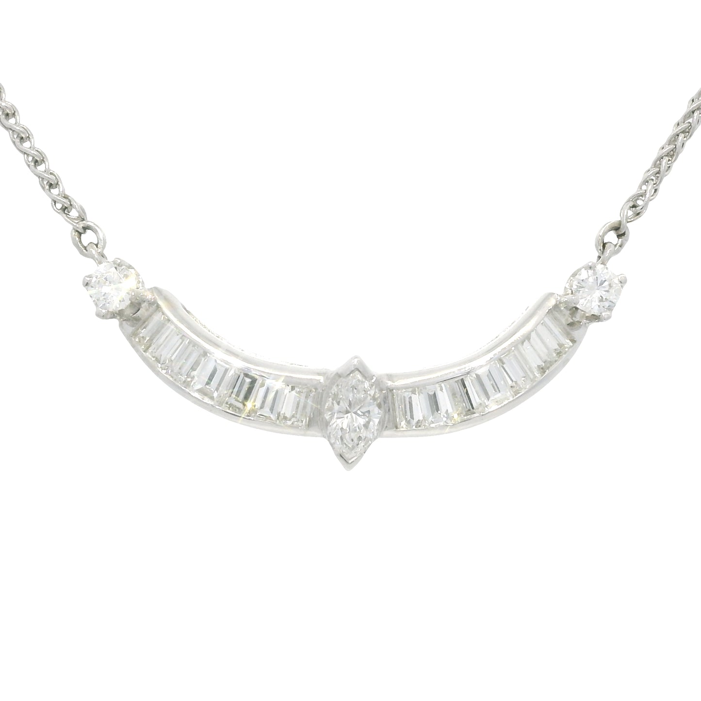 18k White Gold Natural Marquise Cut Diamond Curved Bar Necklace