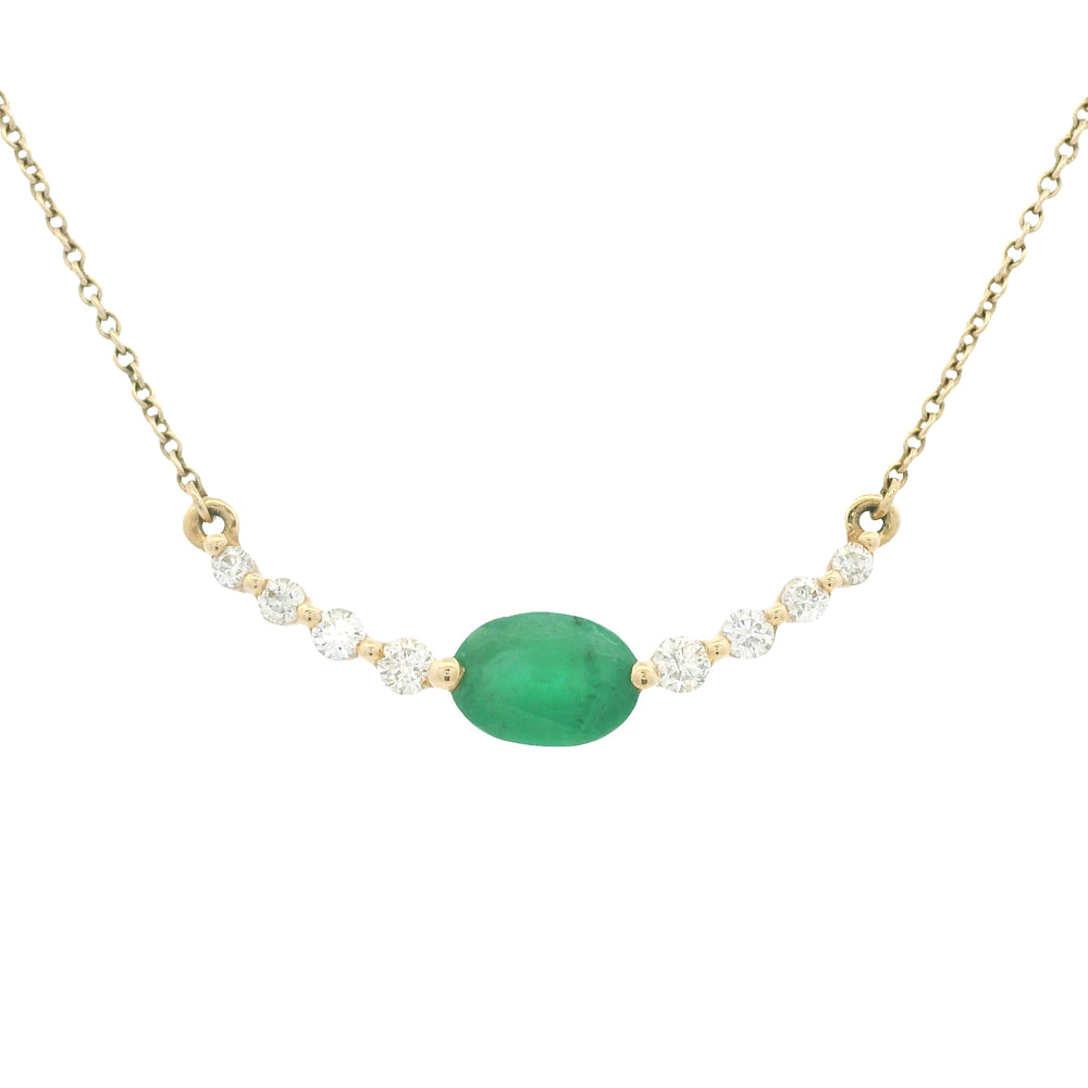 14k Yellow Gold Natural Oval Shape Emerald & Diamond Curved Bar Necklace — product photo 1