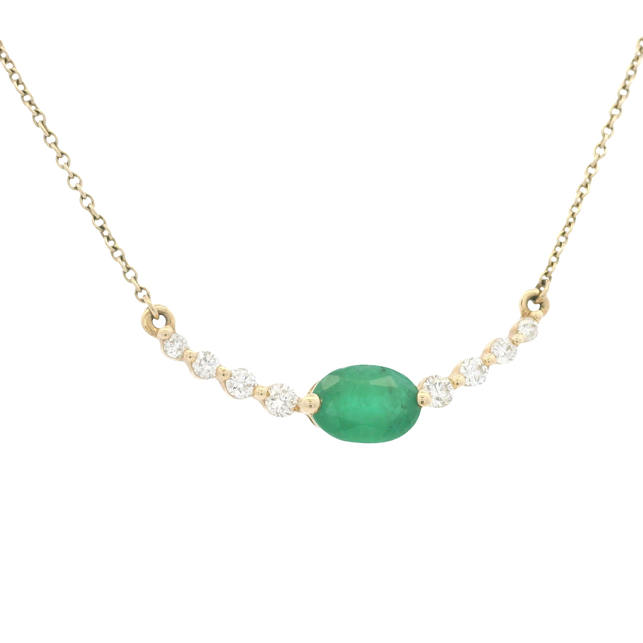 14k Yellow Gold Natural Oval Shape Emerald & Diamond Curved Bar Necklace