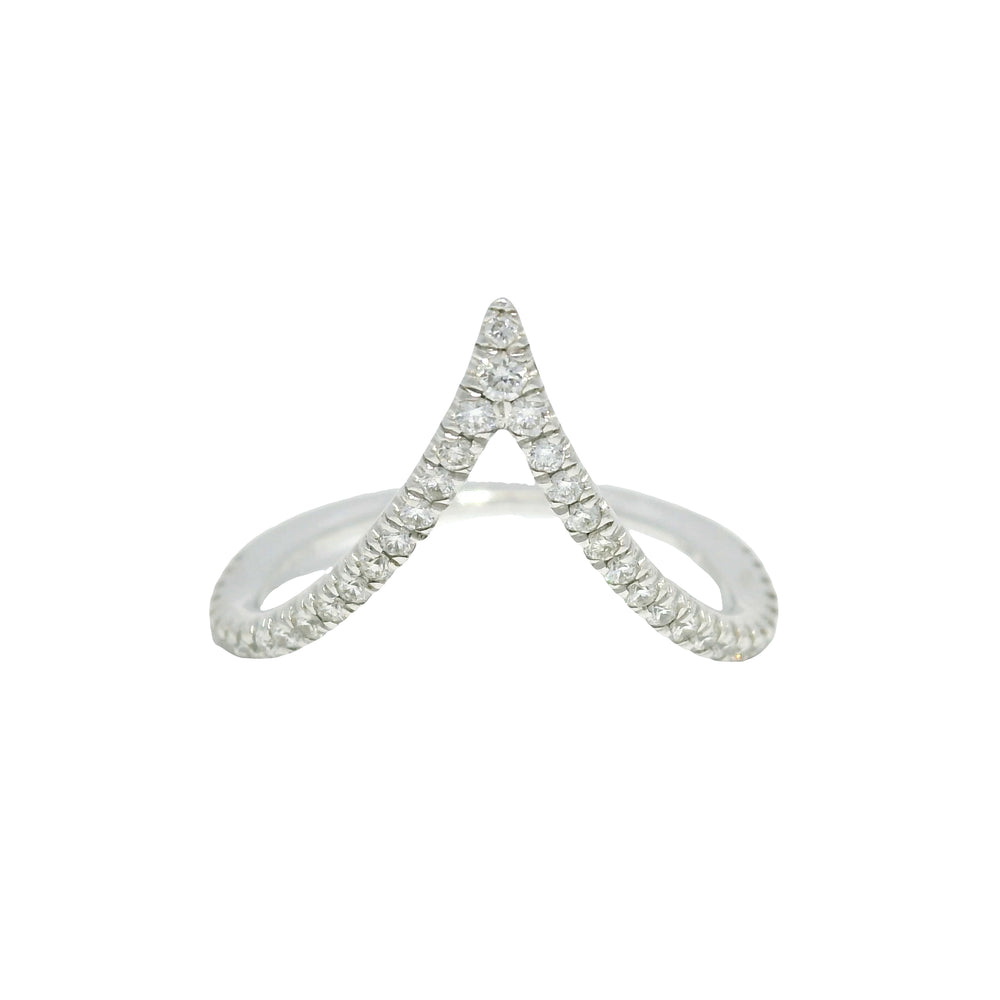 14k White Gold Natural Round Brilliant Cut Diamond Chevron Ring