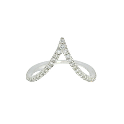 14k White Gold Natural Round Brilliant Cut Diamond Chevron Ring