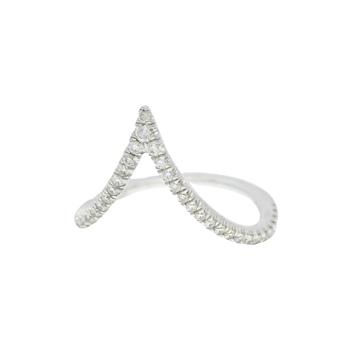 14k White Gold Natural Round Brilliant Cut Diamond Chevron Ring