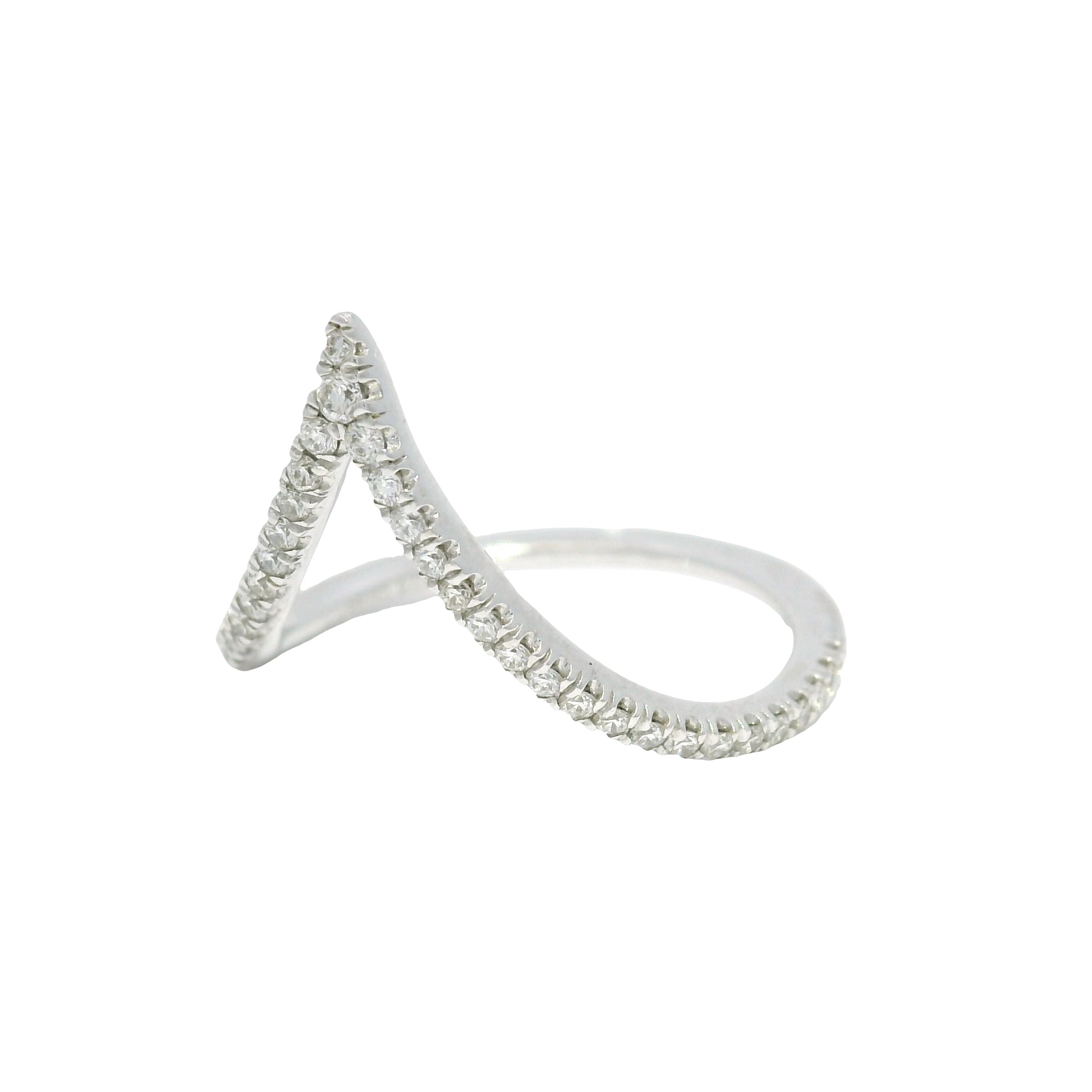14k White Gold Natural Round Brilliant Cut Diamond Chevron Ring