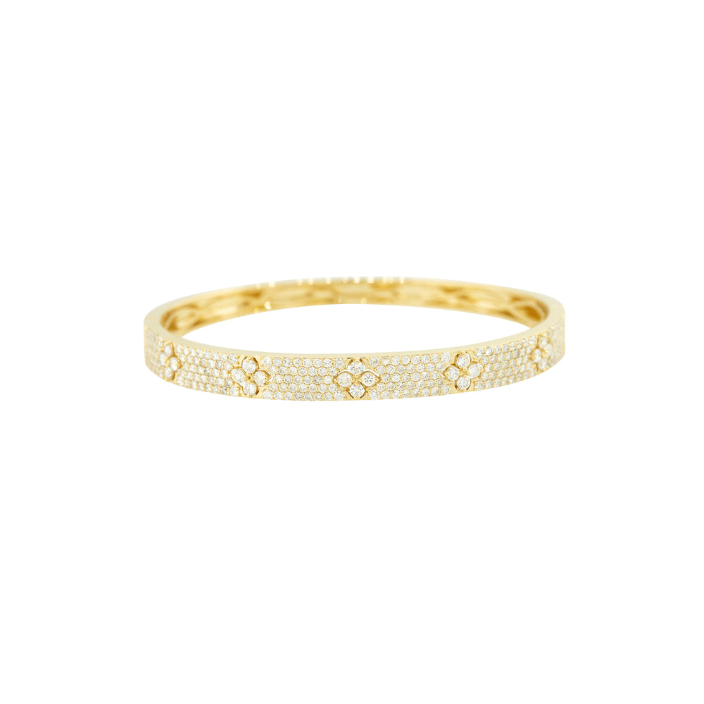 18k Yellow Gold 2.42ctw Pave Diamond 5 Flower Bar Bangle