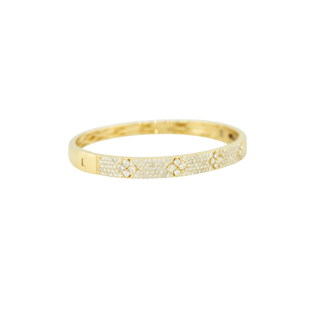 18k Yellow Gold 2.42ctw Pave Diamond 5 Flower Bar Bangle