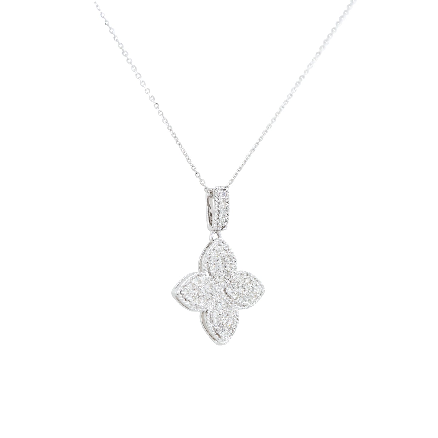 14k White Gold 0.40ctw Pave Diamond Clover Necklace
