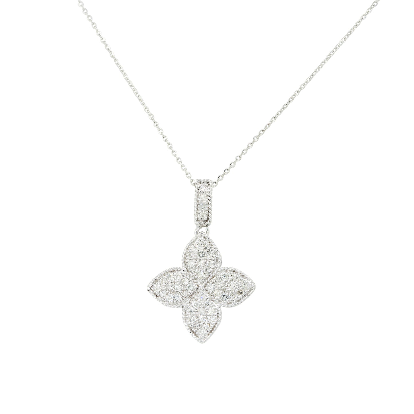 14k White Gold 0.40ctw Pave Diamond Clover Necklace