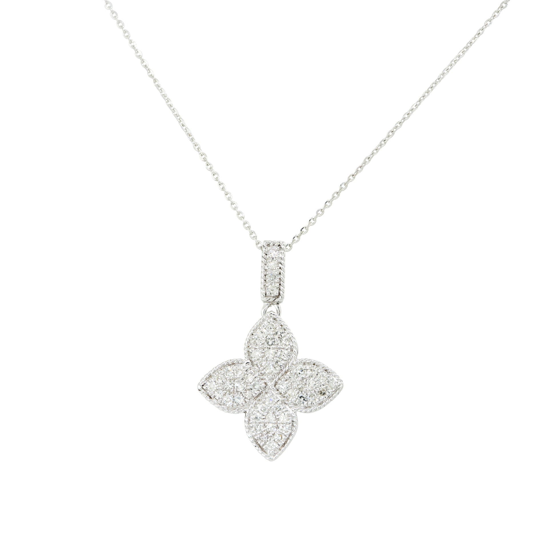 14k White Gold 0.40ctw Pave Diamond Clover Necklace