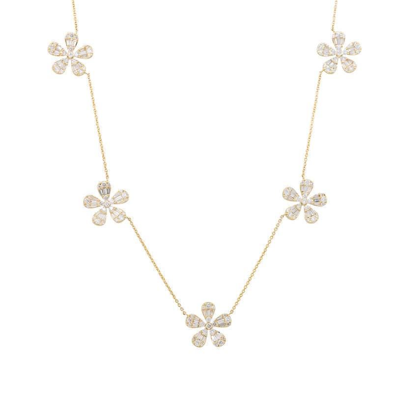 18K Yellow Gold Natural Baguette & Round Brilliant 5 Flower Necklace
