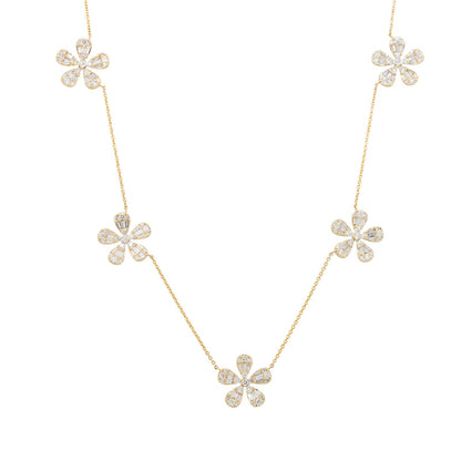 18K Yellow Gold Natural Baguette & Round Brilliant 5 Flower Necklace