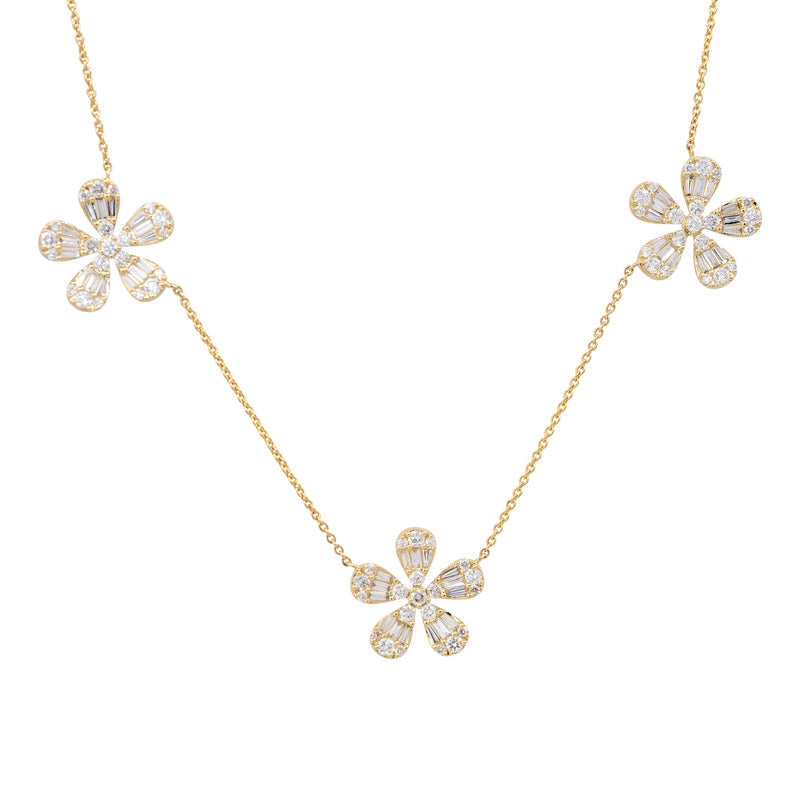 18K Yellow Gold Natural Baguette & Round Brilliant 5 Flower Necklace
