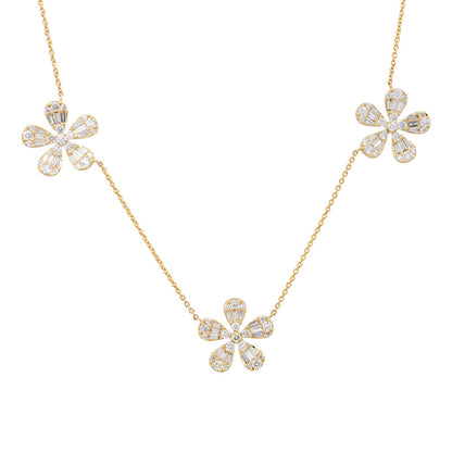 18K Yellow Gold Natural Baguette & Round Brilliant 5 Flower Necklace