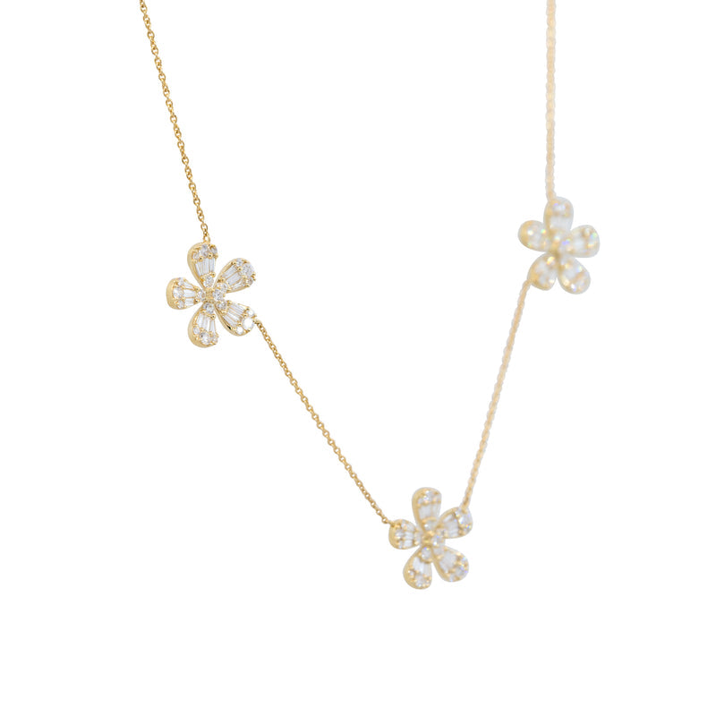 18K Yellow Gold Natural Baguette & Round Brilliant 5 Flower Necklace