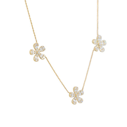 18K Yellow Gold Natural Baguette & Round Brilliant 5 Flower Necklace