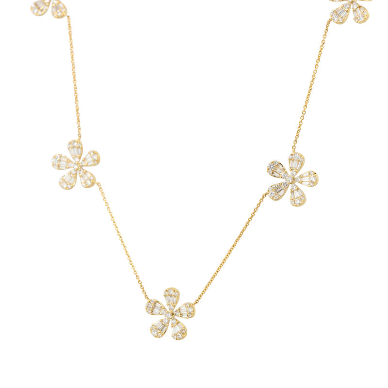 18K Yellow Gold Natural Baguette & Round Brilliant 5 Flower Necklace