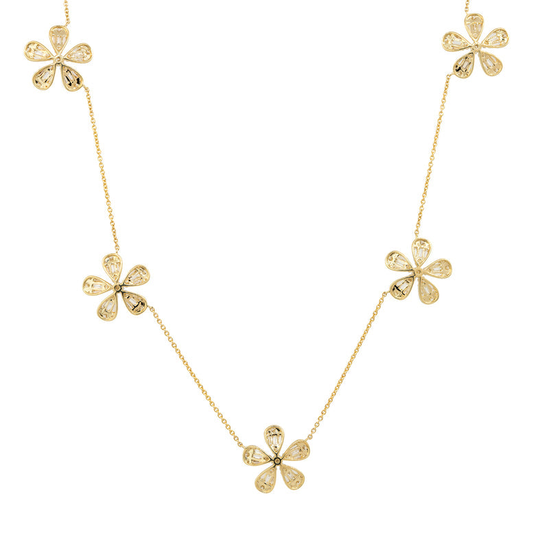 18K Yellow Gold Natural Baguette & Round Brilliant 5 Flower Necklace