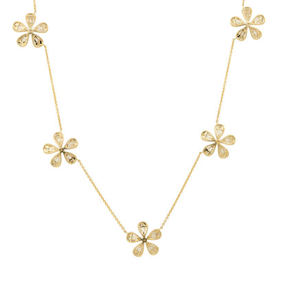 18K Yellow Gold Natural Baguette & Round Brilliant 5 Flower Necklace