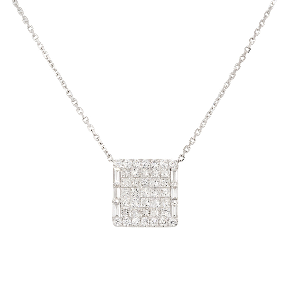 18k White Gold 4ctw Pave Diamond Rectangular Shape Pendant Necklace