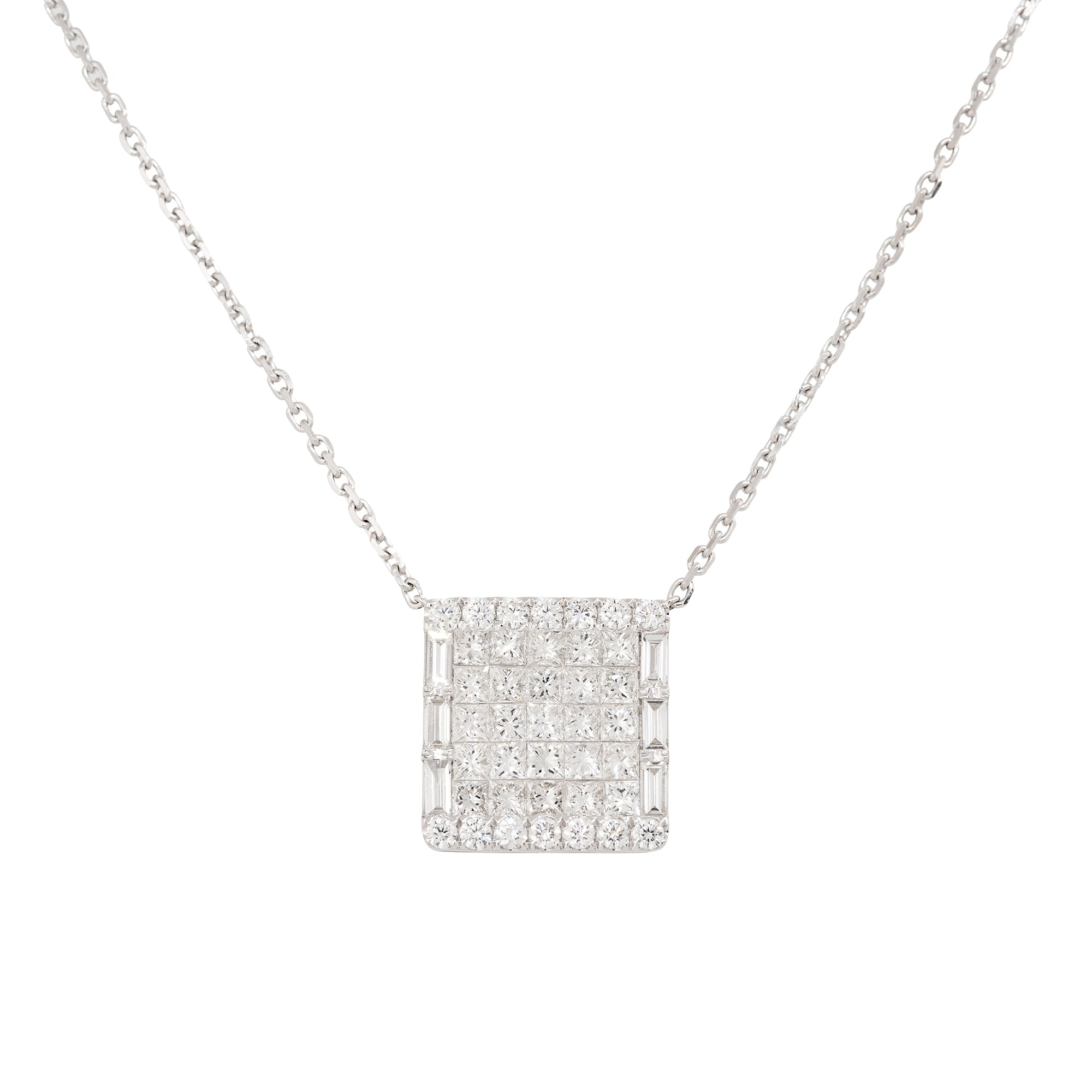 18k White Gold 4ctw Pave Diamond Rectangular Shape Pendant Necklace