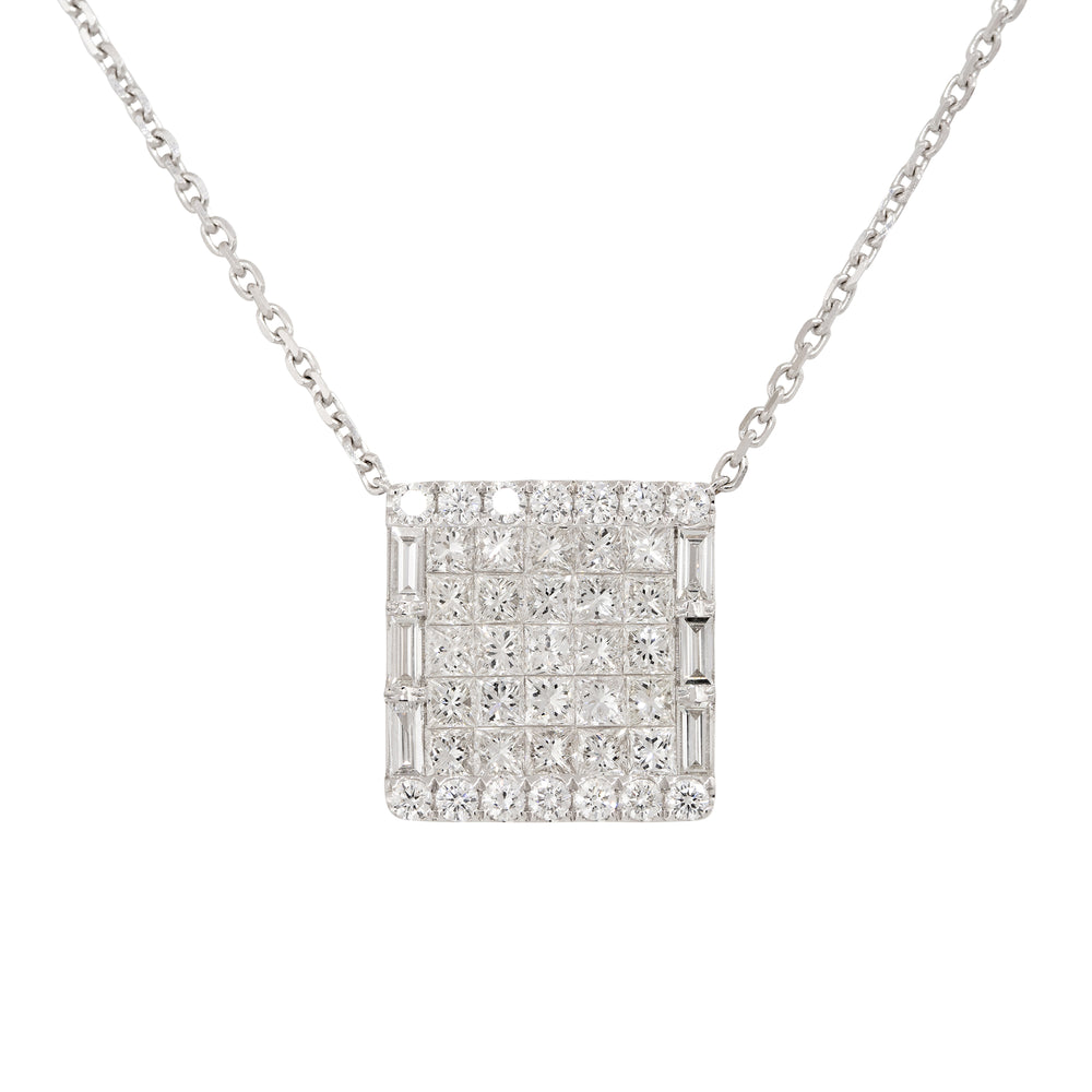 18k White Gold 4ctw Pave Diamond Rectangular Shape Pendant Necklace