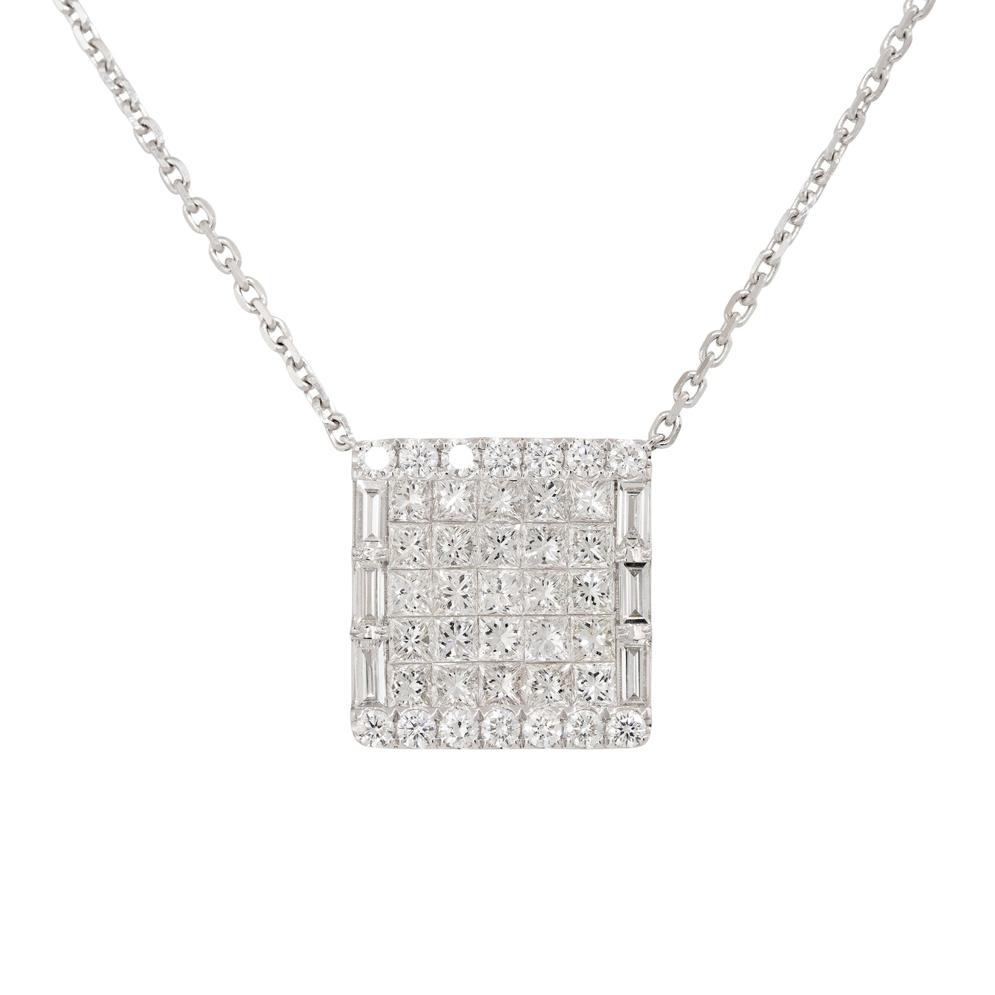 18k White Gold 4ctw Pave Diamond Rectangular Shape Pendant Necklace