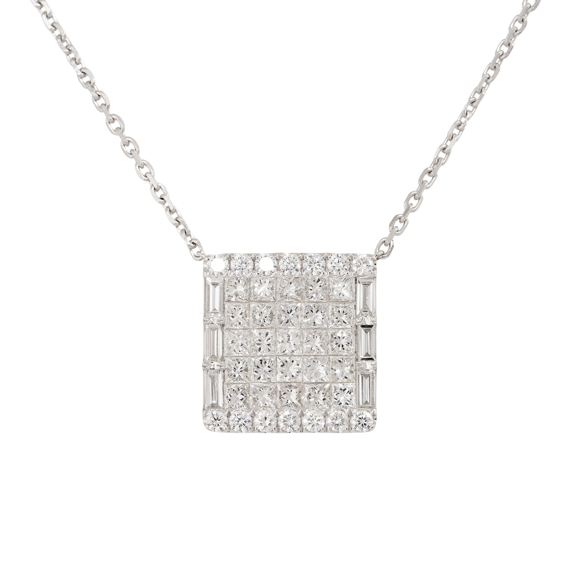 18k White Gold 4ctw Pave Diamond Rectangular Shape Pendant Necklace