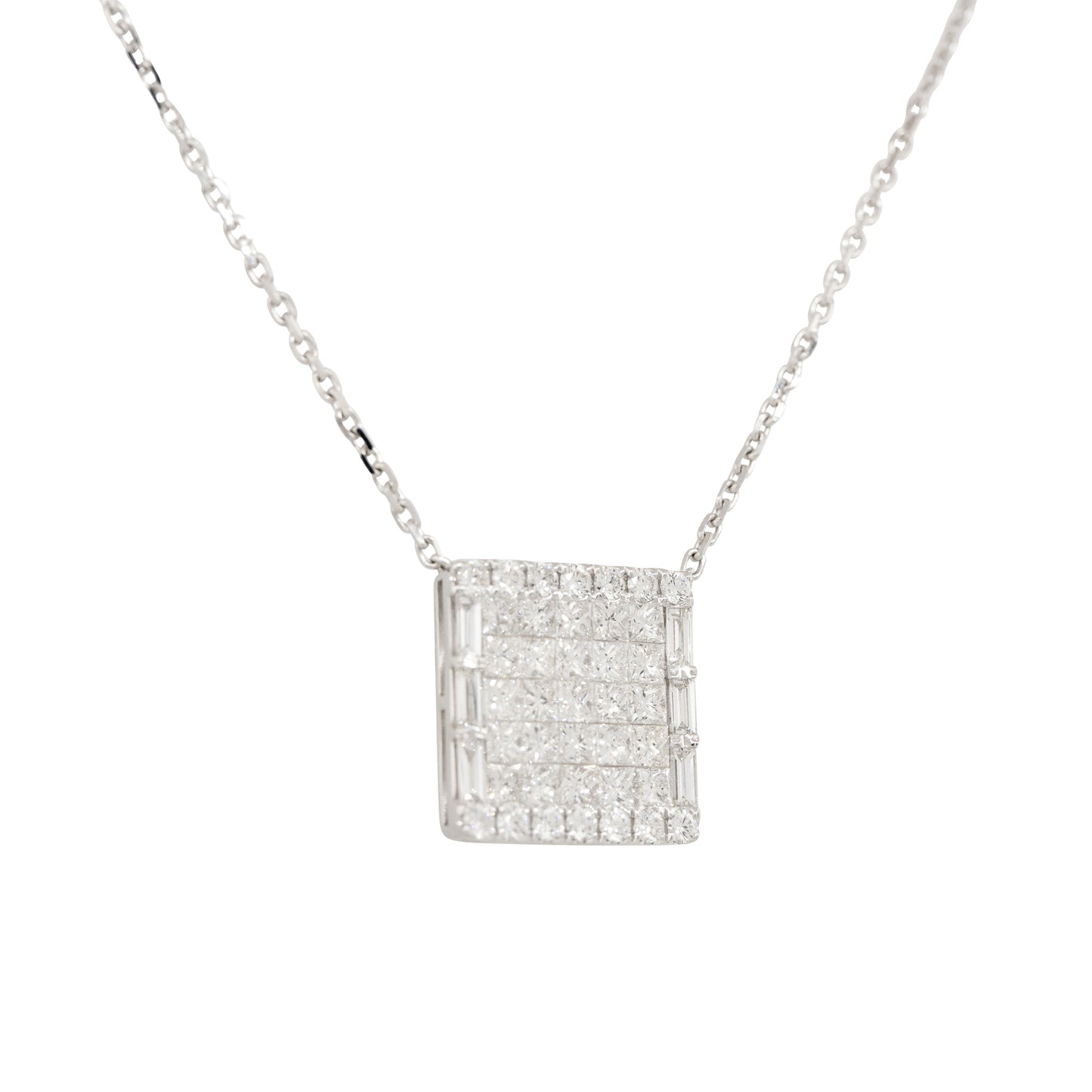 18k White Gold 4ctw Pave Diamond Rectangular Shape Pendant Necklace
