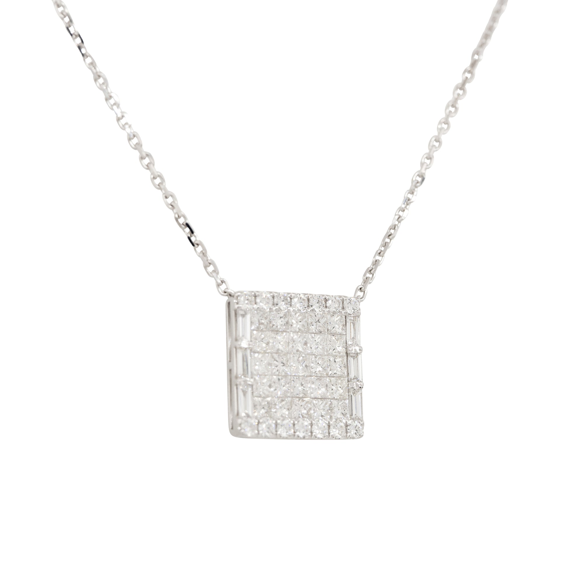 18k White Gold 4ctw Pave Diamond Rectangular Shape Pendant Necklace