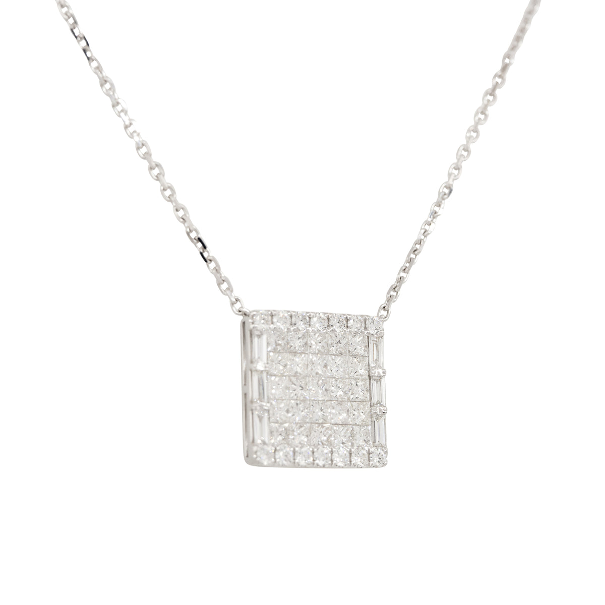 18k White Gold 4ctw Pave Diamond Rectangular Shape Pendant Necklace
