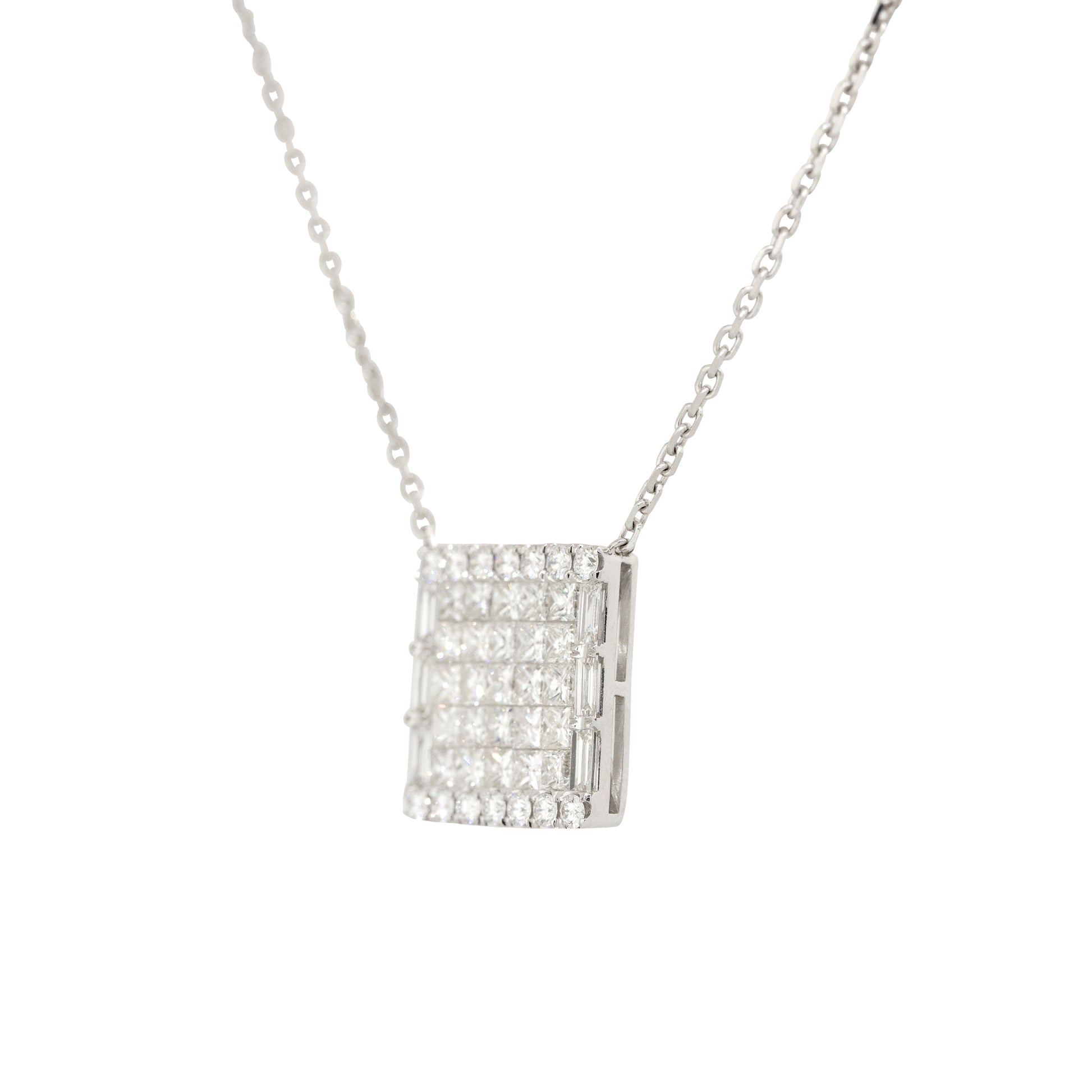 18k White Gold 4ctw Pave Diamond Rectangular Shape Pendant Necklace