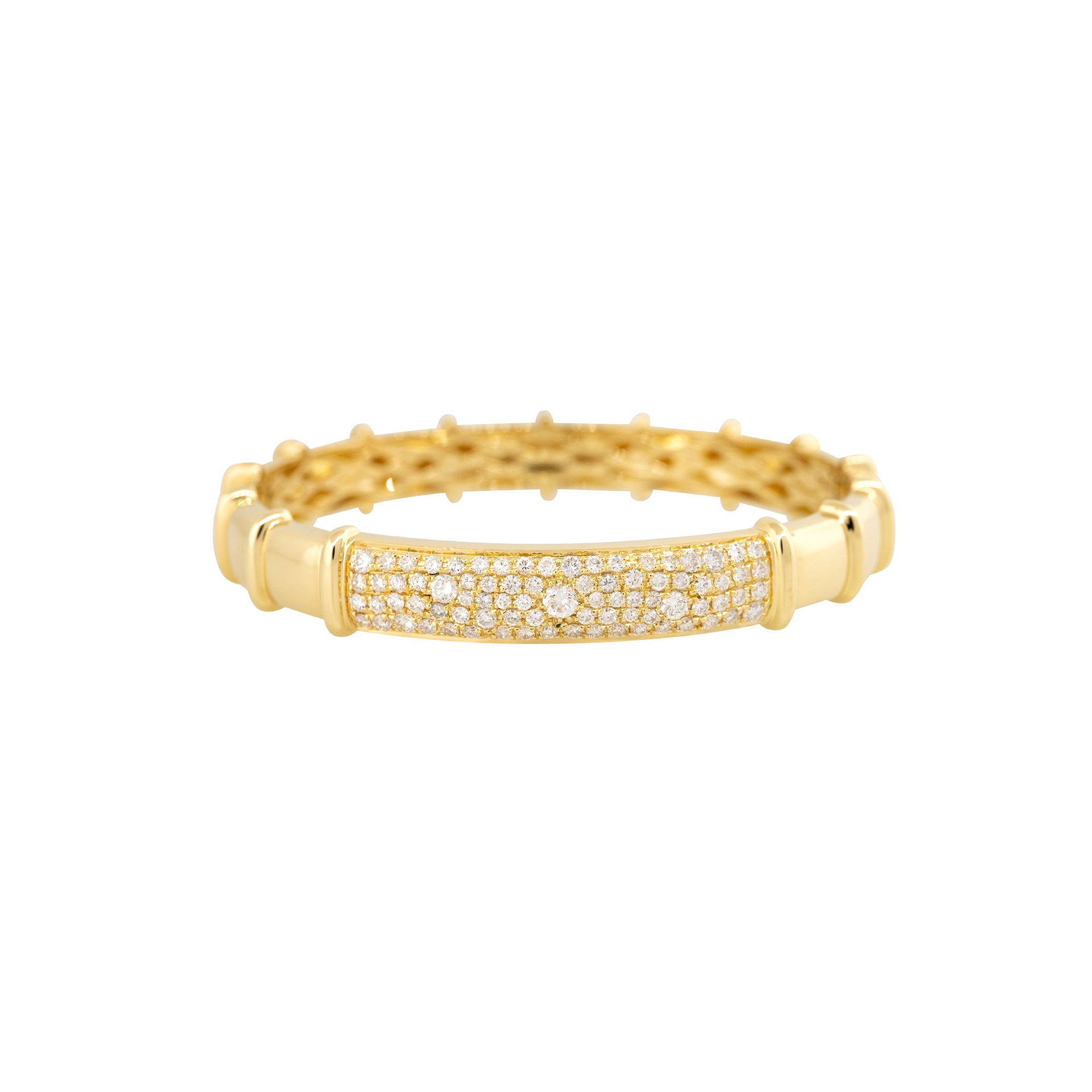 Gold Rib Textured Bangle 18k Yellow Gold 2.02ctw Pave Diamond Wide Ribbed Bangle