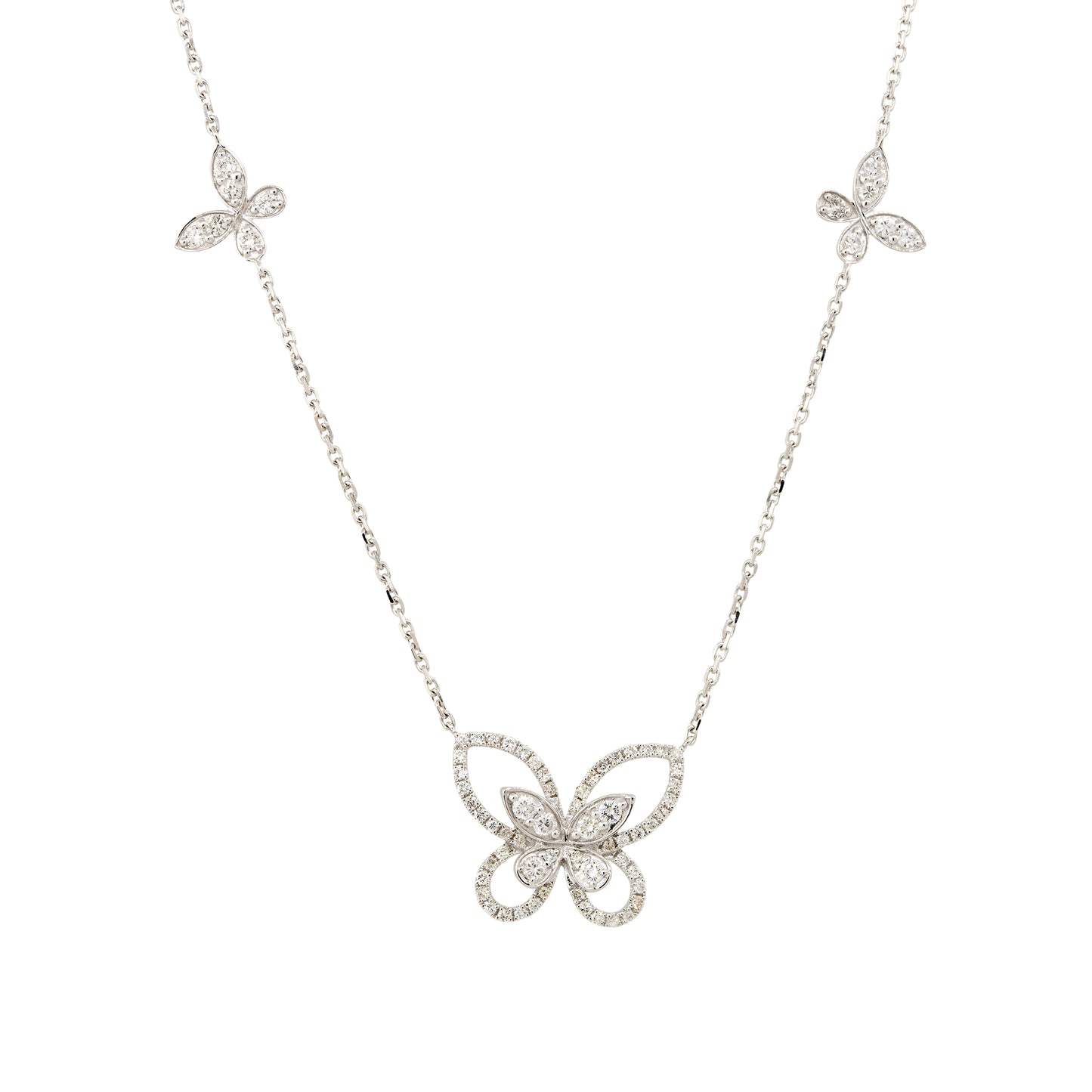 18k White Gold 0.86ctw Diamond Butterfly Necklace with 4 Butterfly Stations