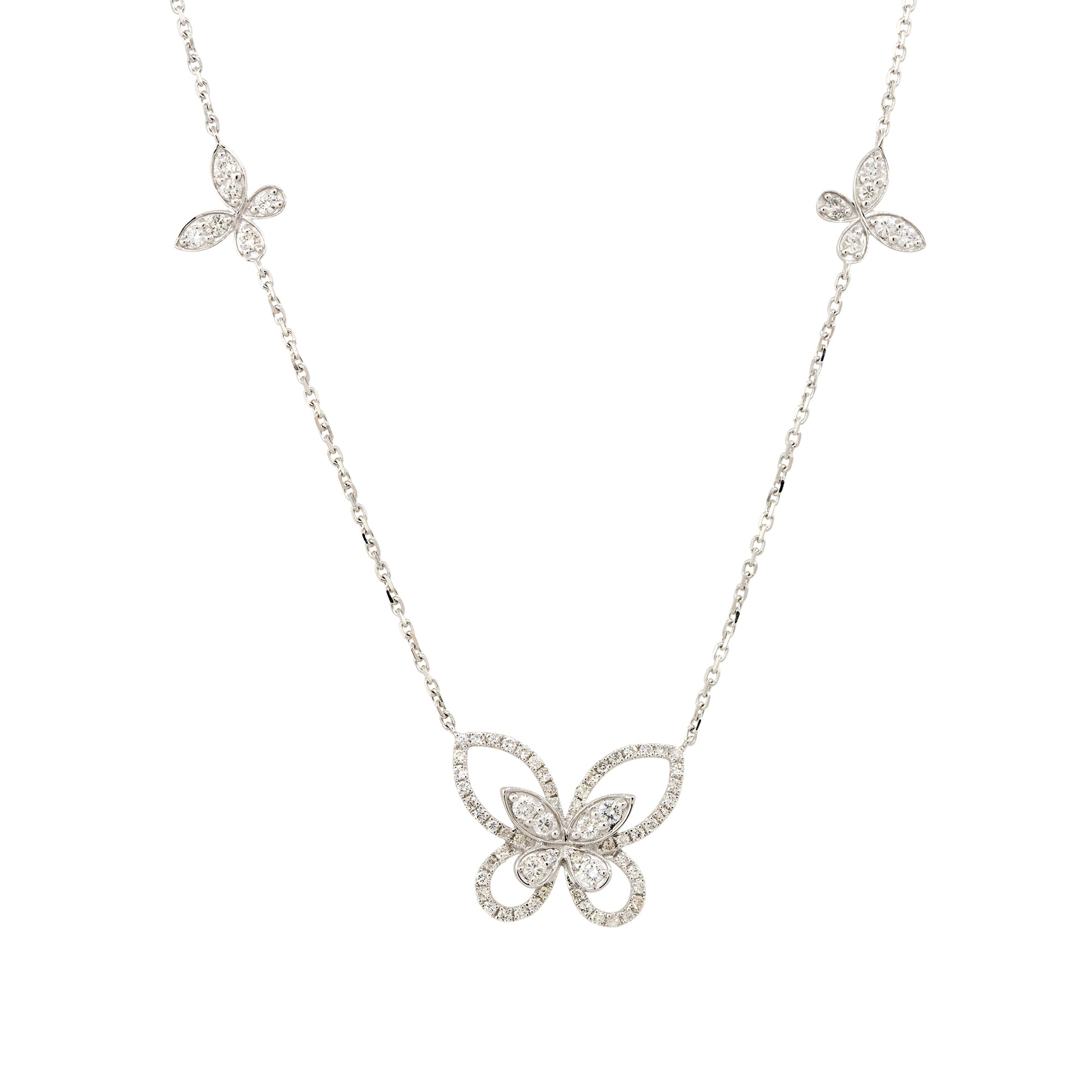 18k White Gold 0.86ctw Diamond Butterfly Necklace with 4 Butterfly Stations